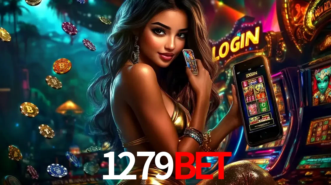 Mulher em um cenário de cassino temático de aventura, mostrando o app de caça-níqueis da 1279bet no celular. Fichas de apostas flutuam ao redor.