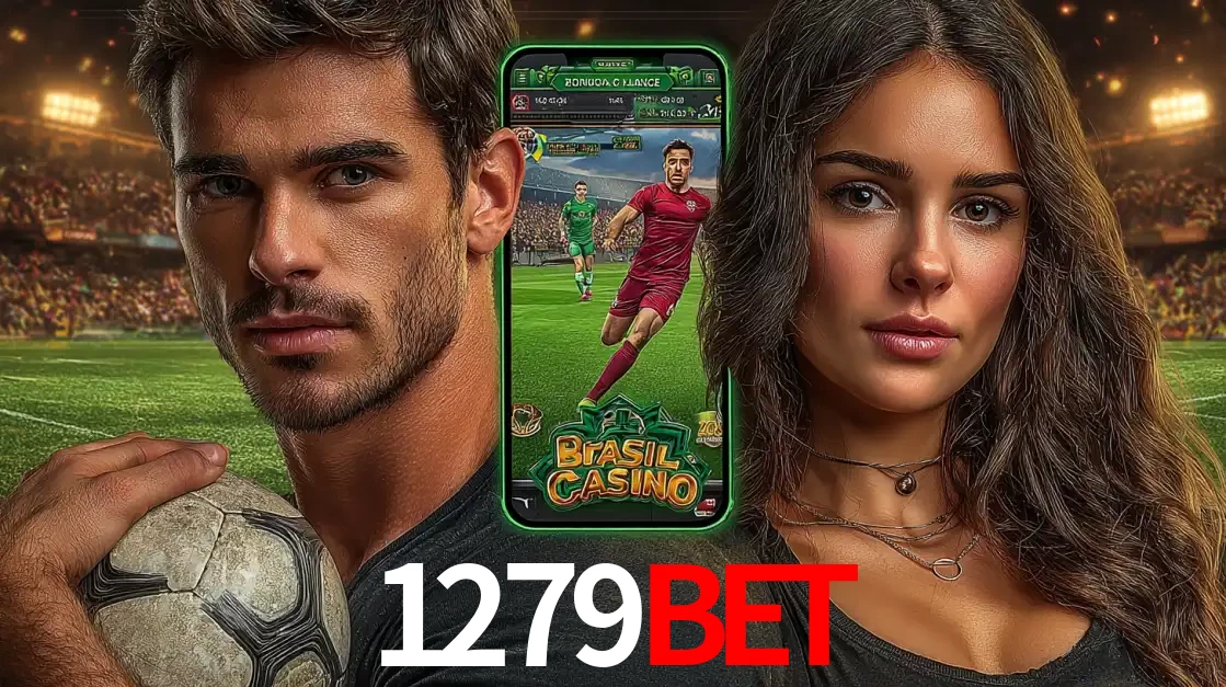 Homem segurando uma bola de futebol e uma mulher ao lado de um smartphone exibindo o jogo de apostas esportivas da 1279bet. Faça seu palpite no cassino online.
